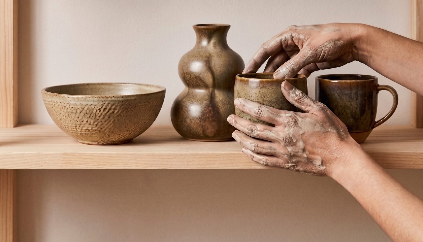 Clay-covered hands lifting a freshly made mug beside a bowl and vase on a studio shelf