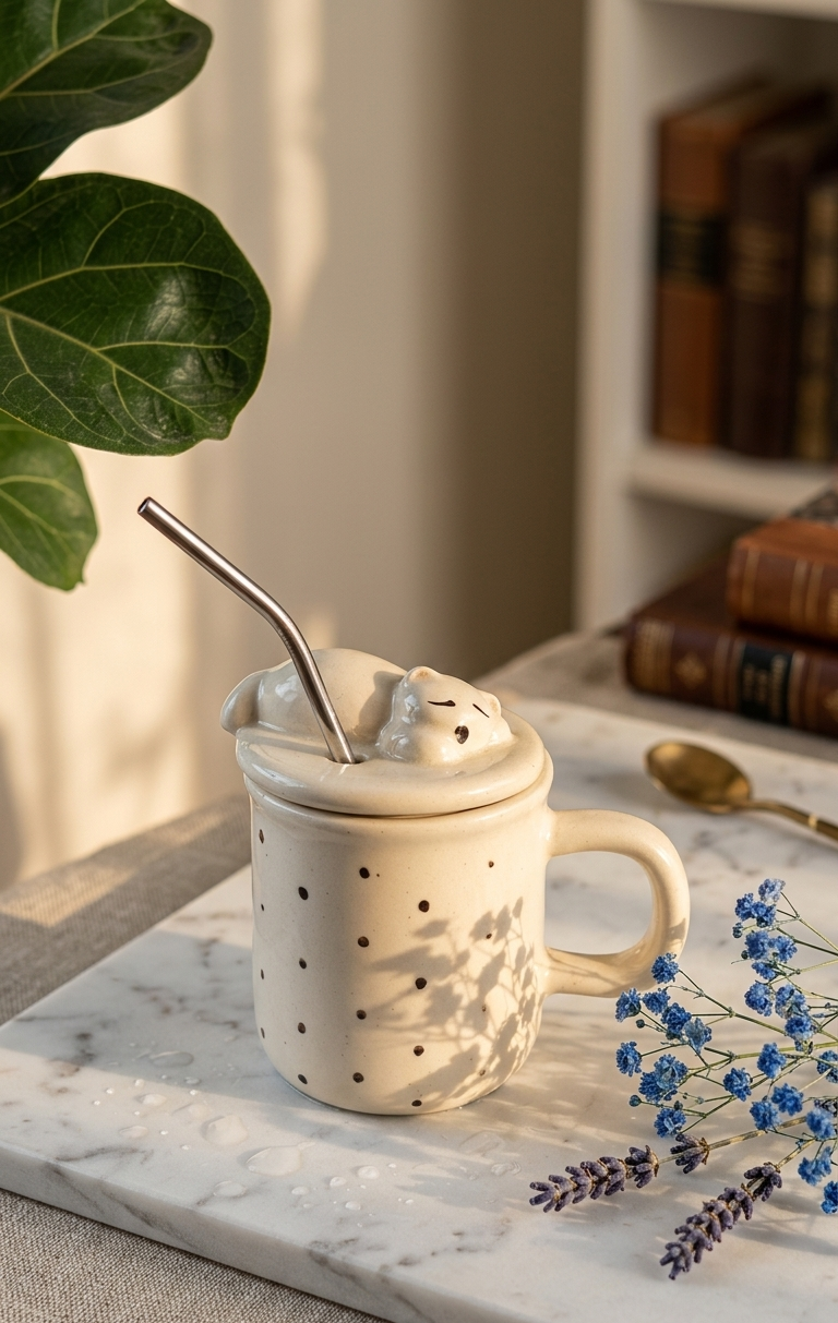 The Sleepy Bear Polka Dot Tumbler with Lid and Straw