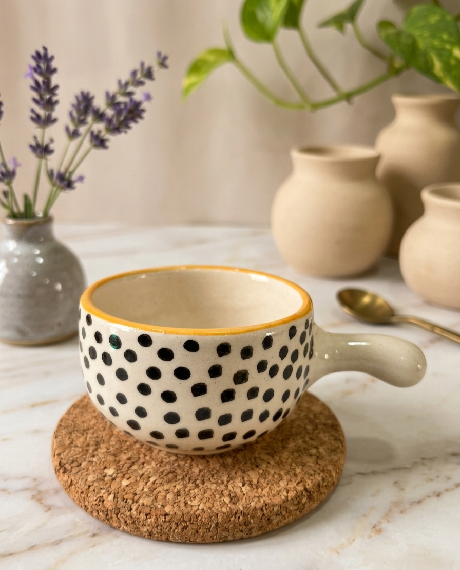 Black Polka Dot Ceramic Dip Bowl with Handle ⚫️
