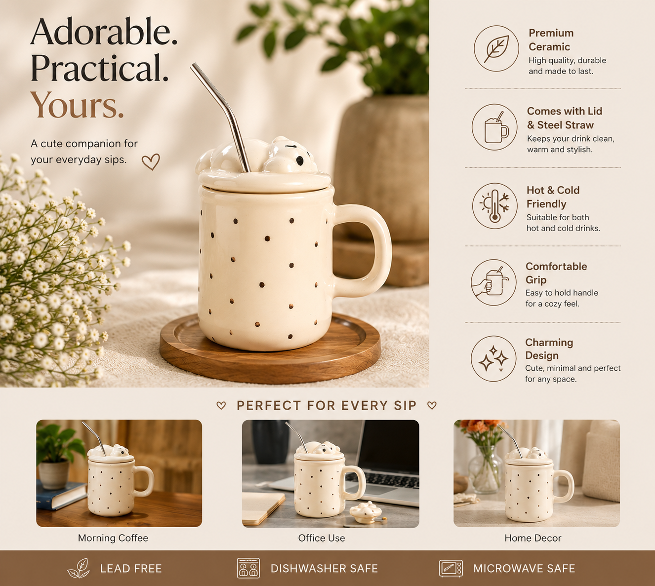 The Sleepy Bear Polka Dot Tumbler with Lid and Straw view 4