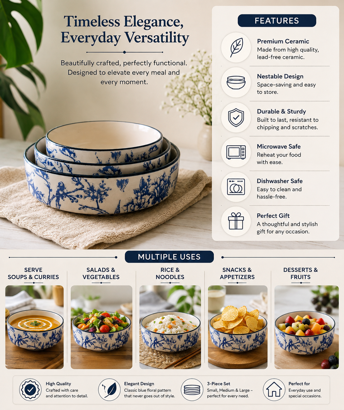 Premium Blue Glazed Nested Bowl Set of 3 view 4